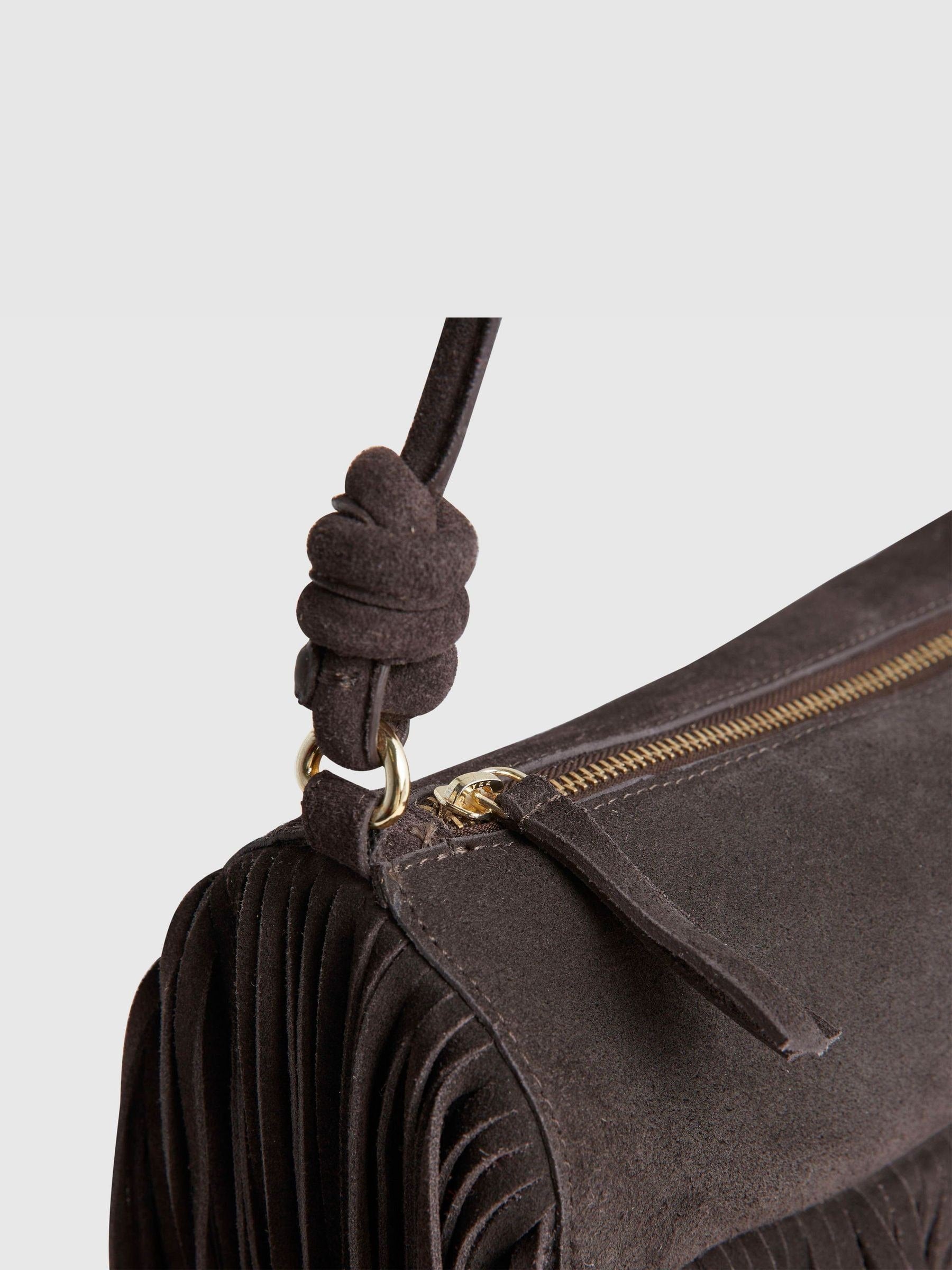 River Island brown fringe leather cylinder bag - British product