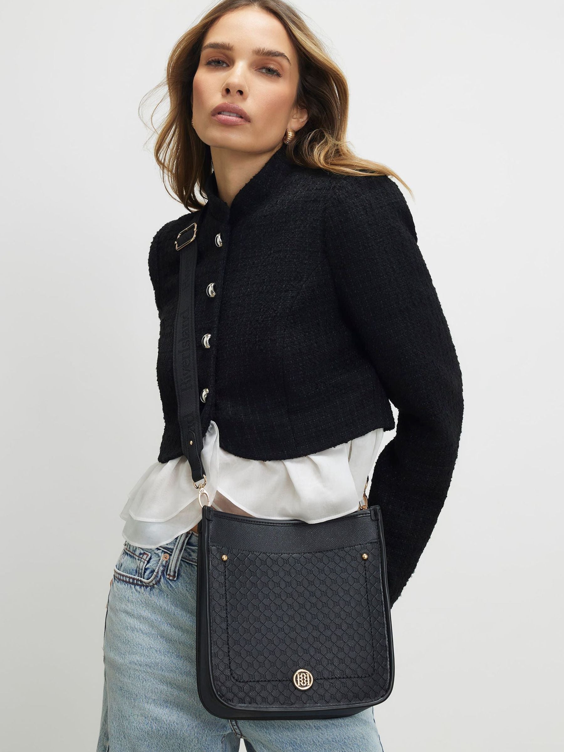 River Island black emboss messenger bag, imported from the UK