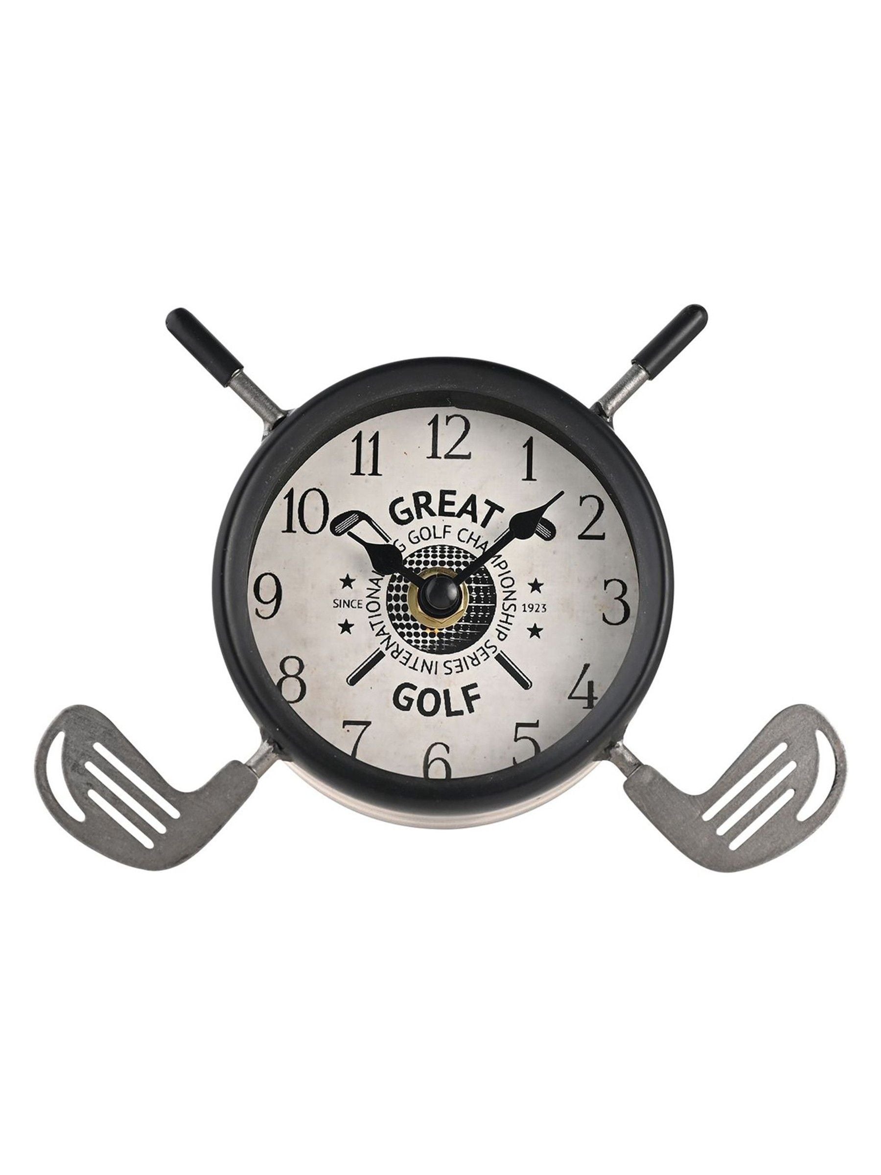 Widdop black mantel clock with crossed golf clubs - British product