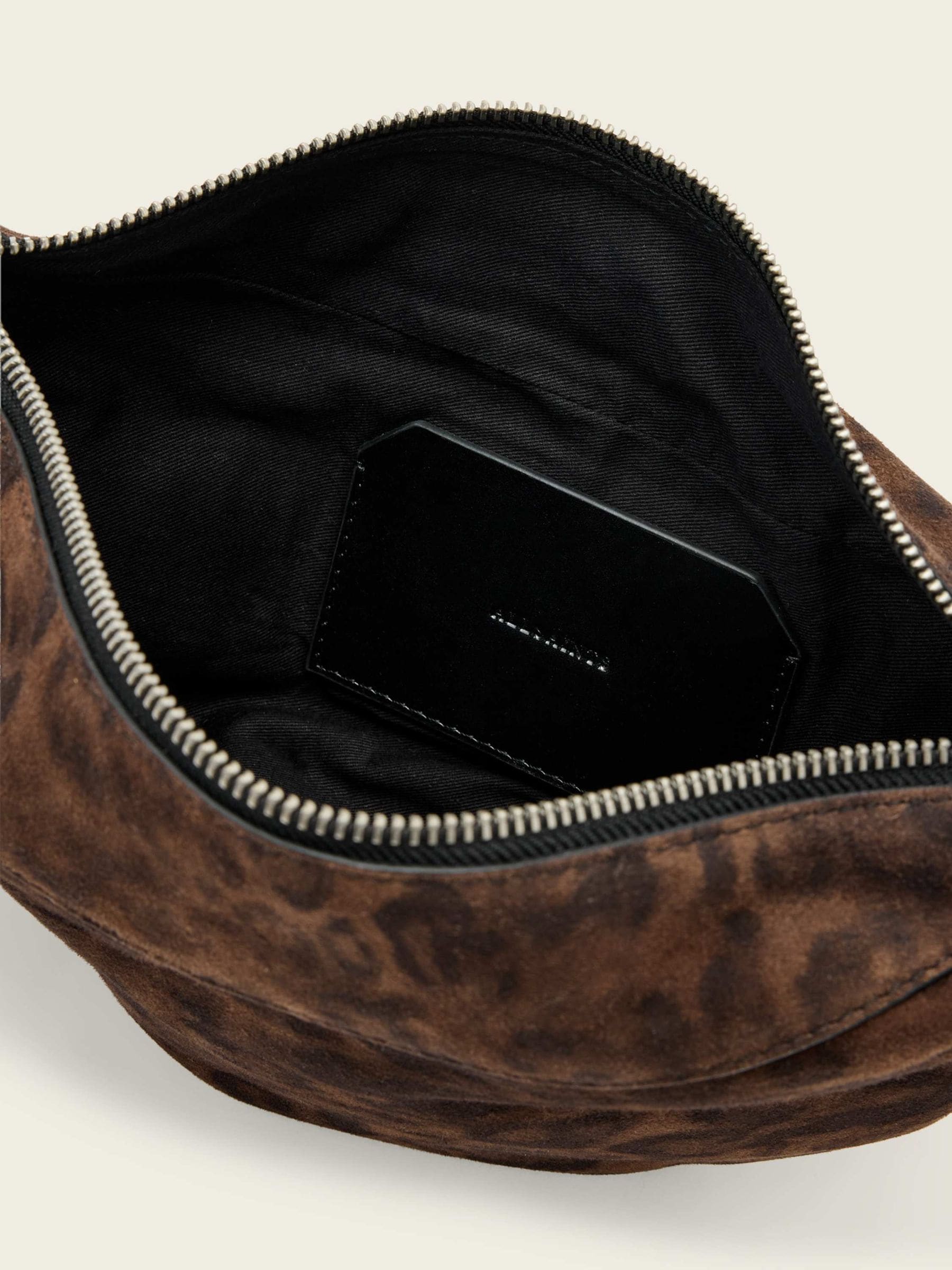AllSaints brown suede micro bag leopard print, imported from the UK