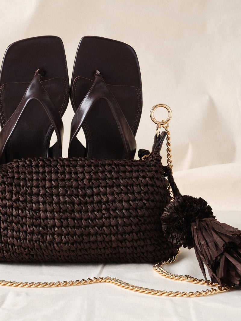 Mint Velvet Brown Jonni Woven Cross-Body Bag, imported from the UK