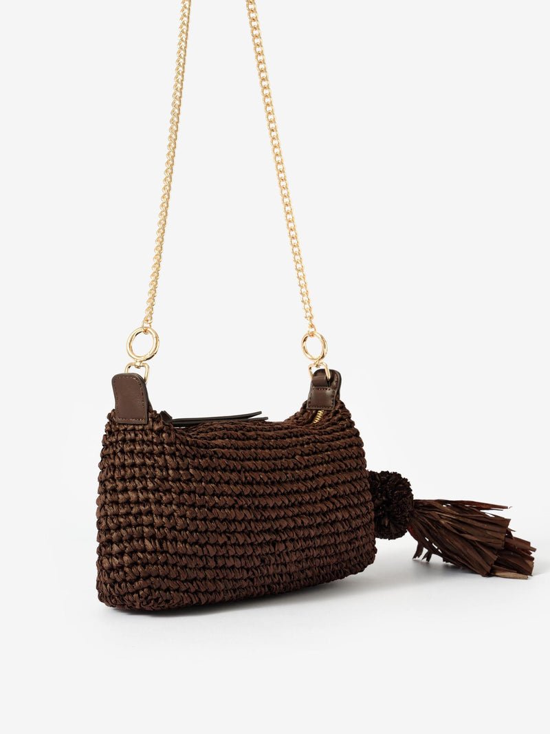 Mint Velvet Brown Jonni Woven Cross-Body Bag, imported from the UK