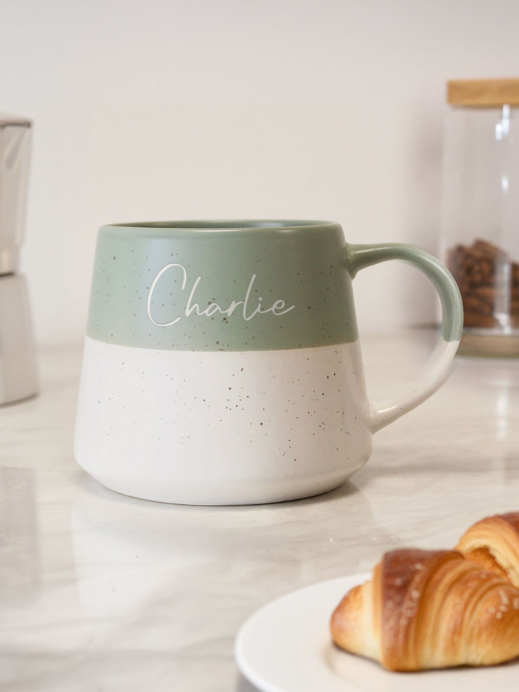 PMC personalised sage green speckled ceramic mug 13cm, imported from the UK