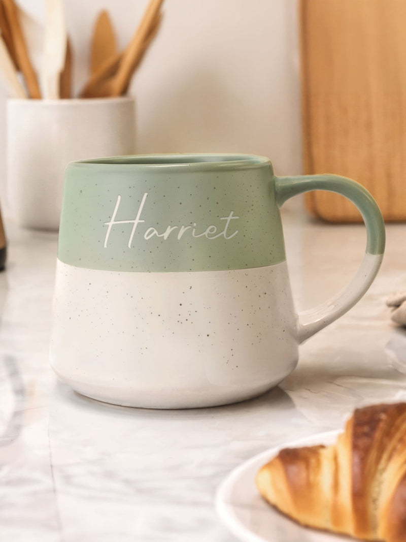 PMC personalised sage green speckled ceramic mug 13cm, imported from the UK