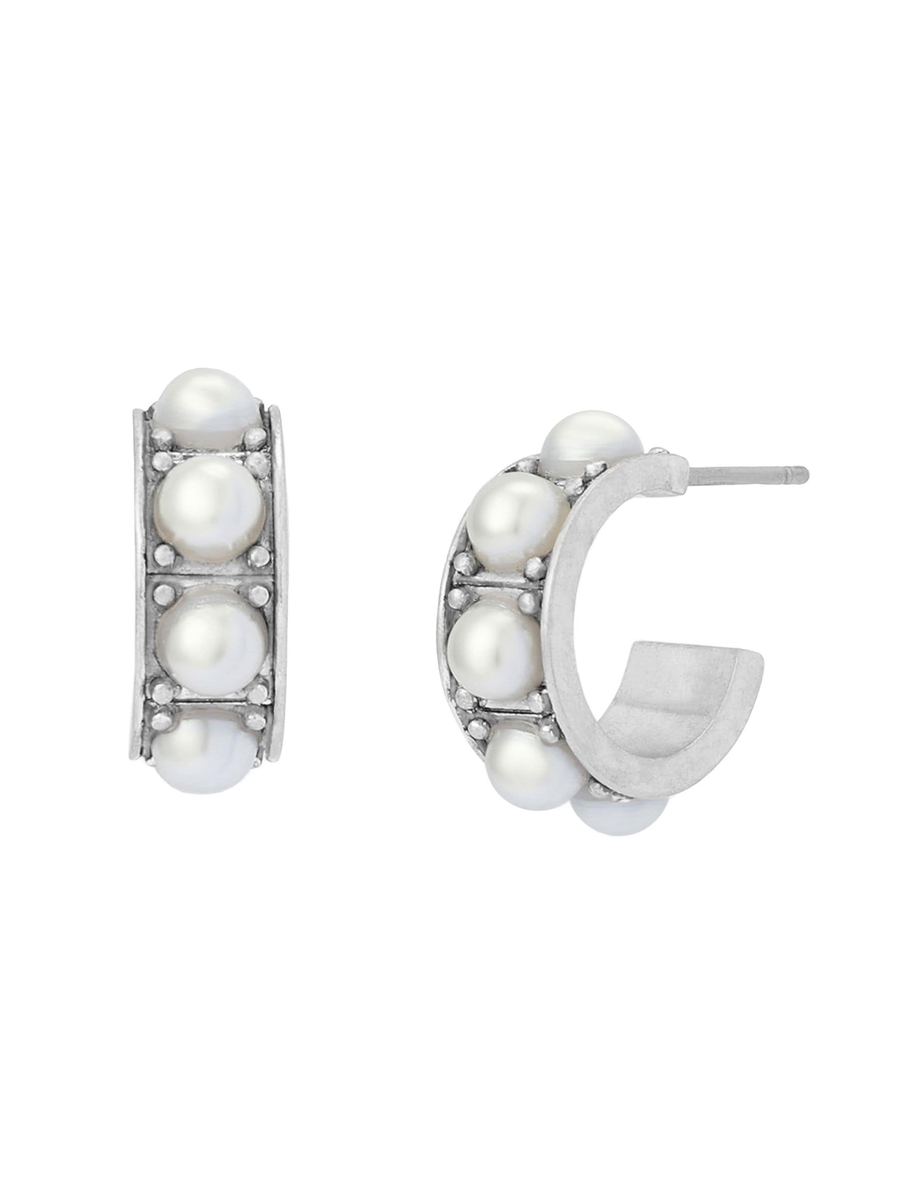 AllSaints silver tone pearl huggie earrings with stainless steel posts, imported from the UK