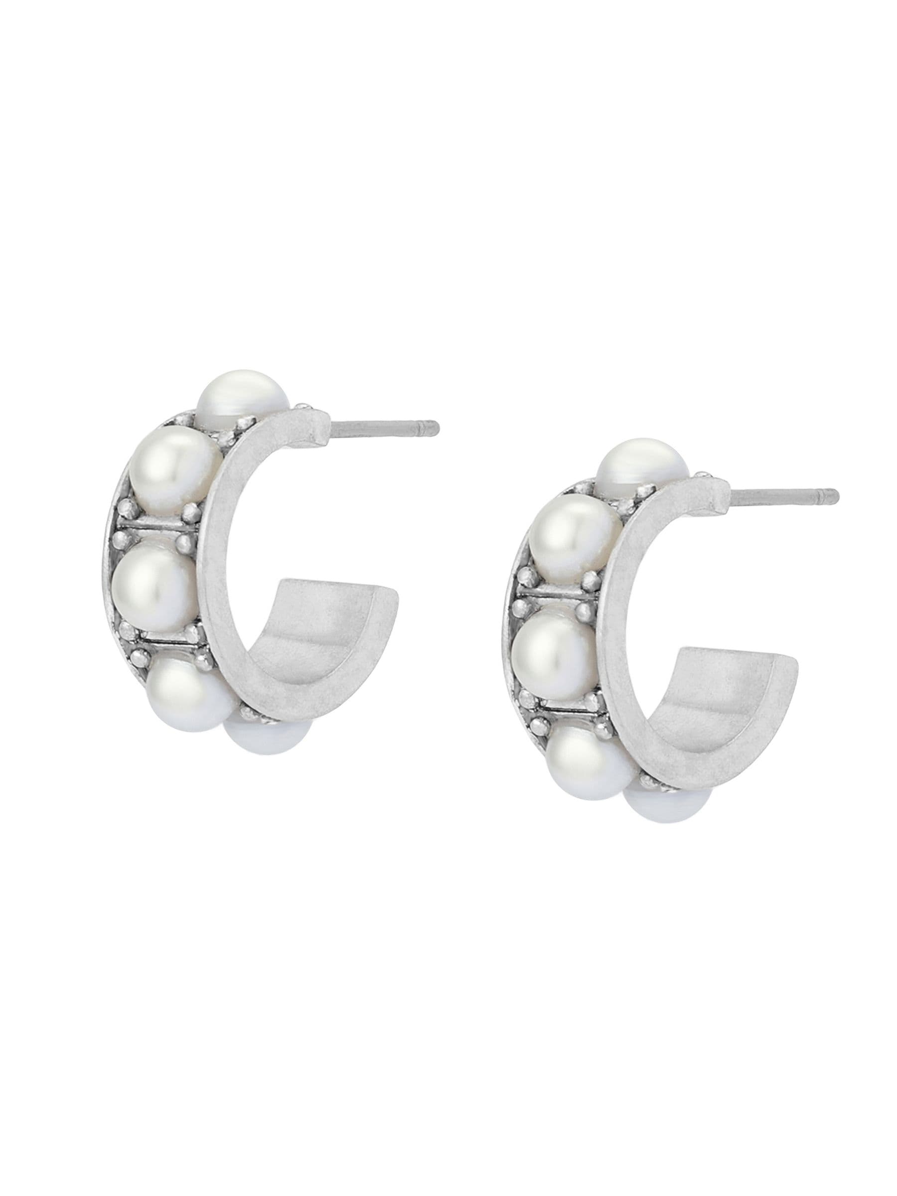 AllSaints silver tone pearl huggie earrings with stainless steel posts, imported from the UK