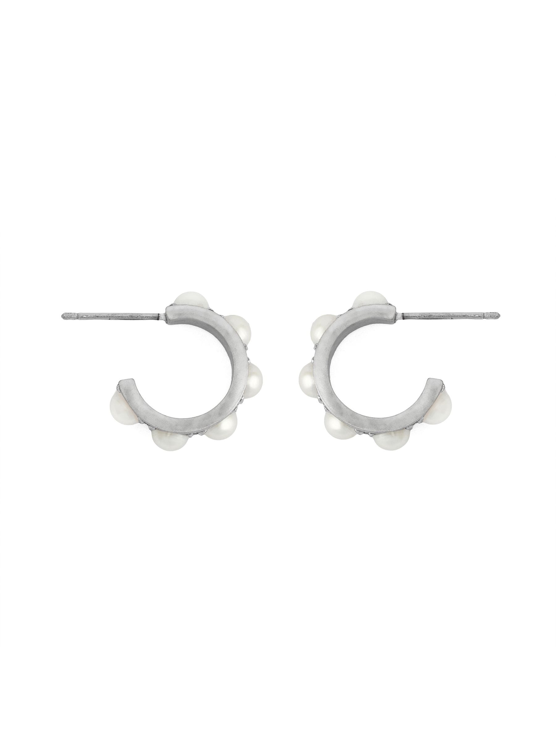 AllSaints silver tone pearl huggie earrings with stainless steel posts, imported from the UK