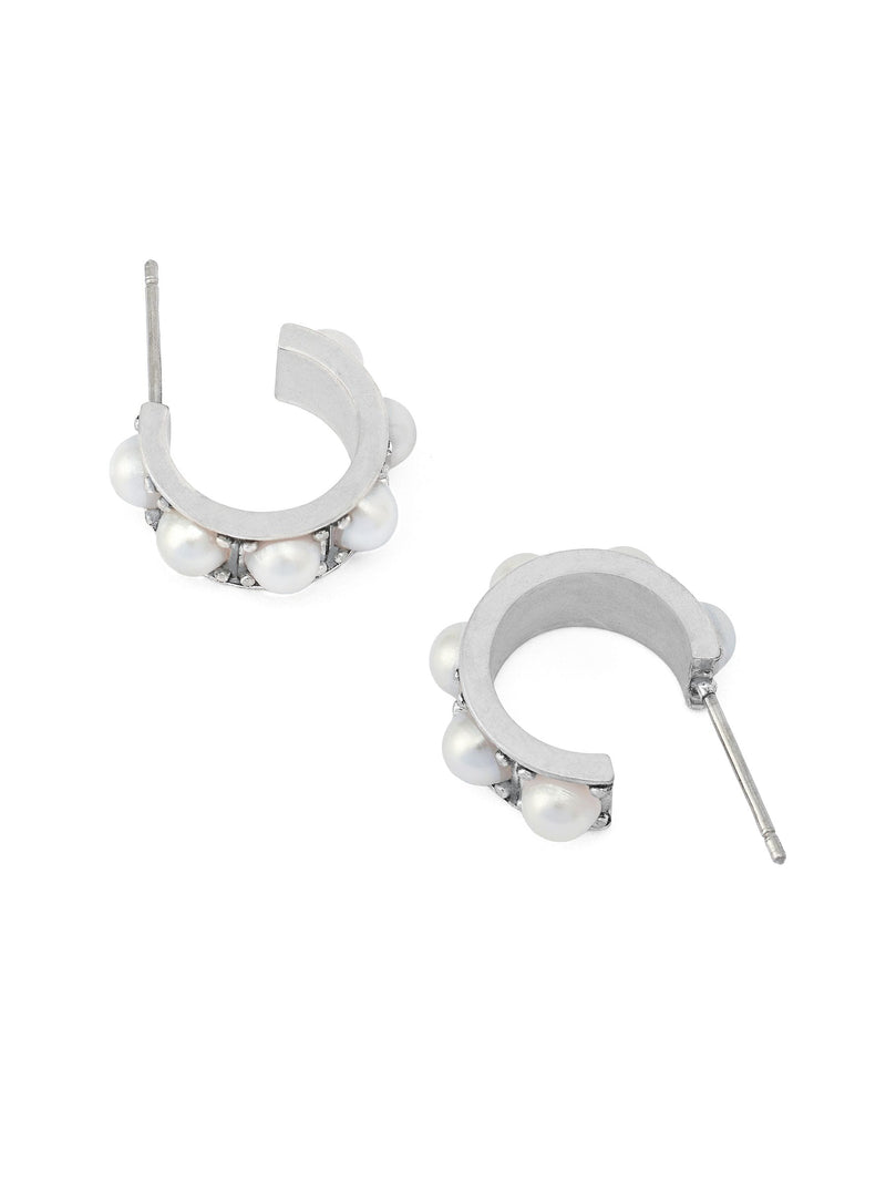 AllSaints silver tone pearl huggie earrings with stainless steel posts, imported from the UK