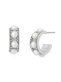 AllSaints silver tone pearl huggie earrings with stainless steel posts, imported from the UK