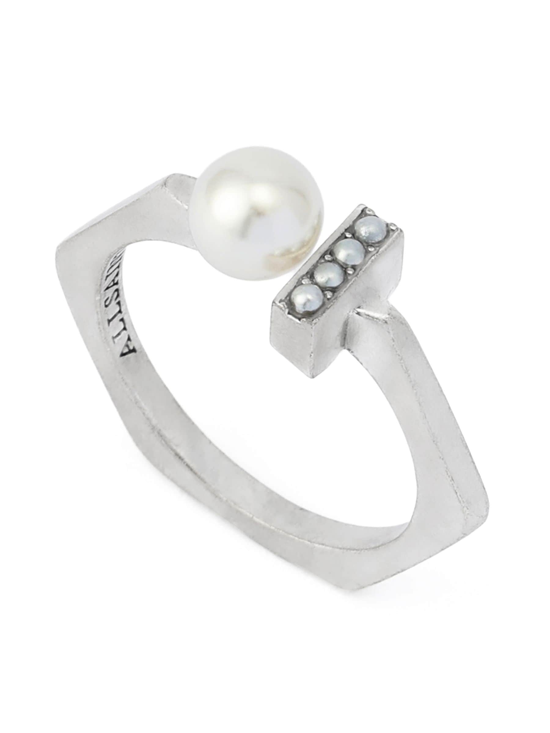 AllSaints silver tone Nellie pearl bar band ring (British brand)