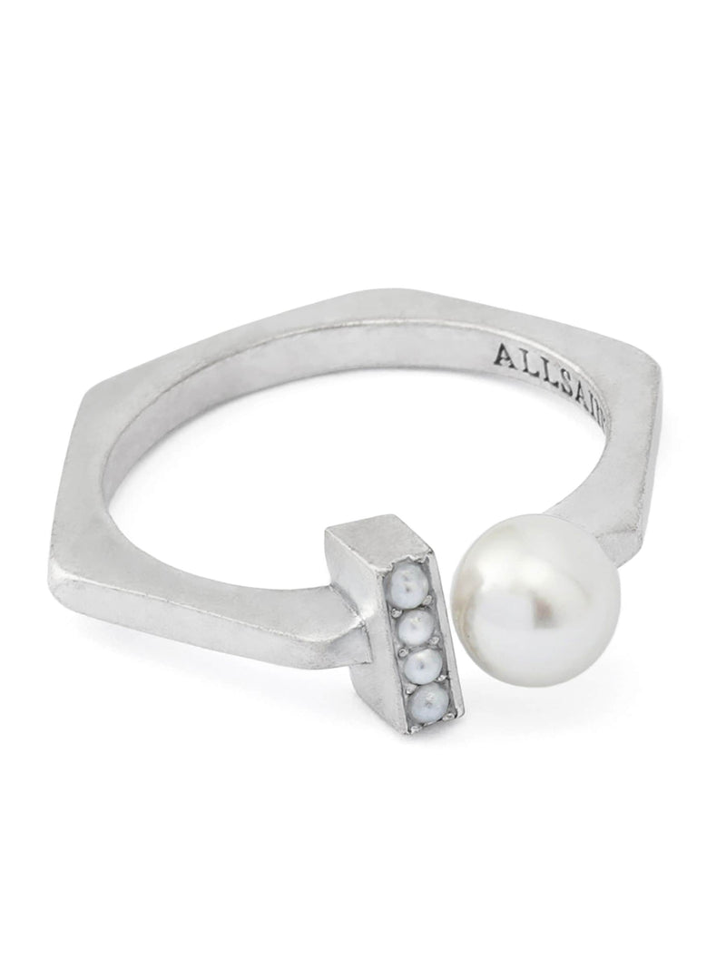 AllSaints silver tone Nellie pearl bar band ring (British brand)