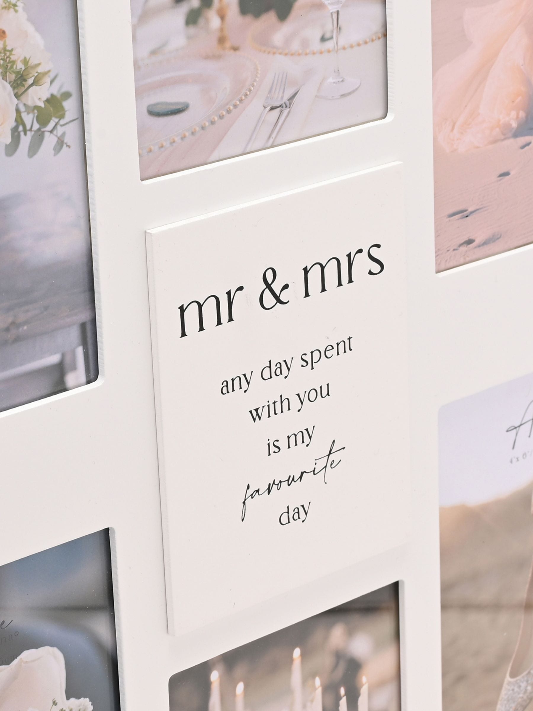 Widdop white multi aperture photo frame with Mr Mrs sentiment, UK version