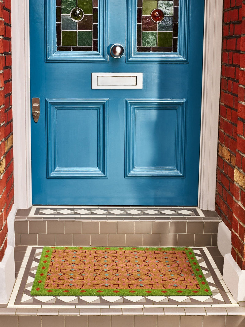 Oliver Bonas green tile bordered pink doormat 63x90cm - British product