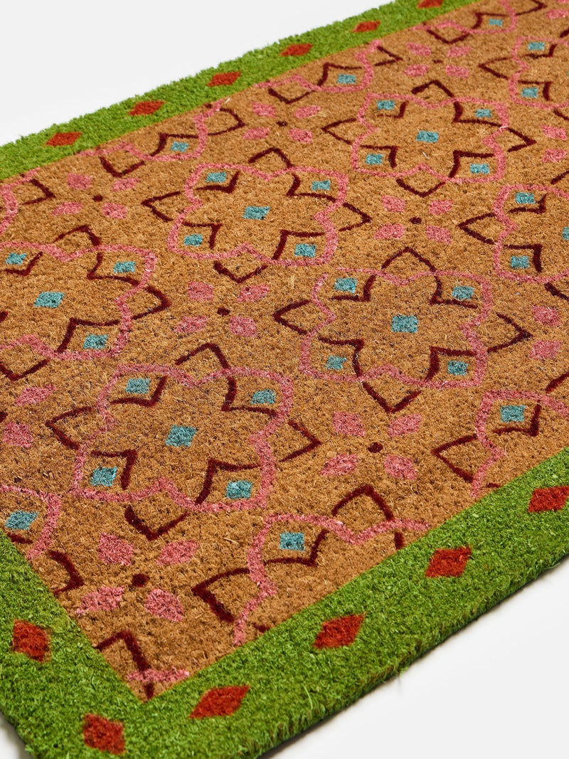 Oliver Bonas green tile bordered pink doormat 63x90cm - British product