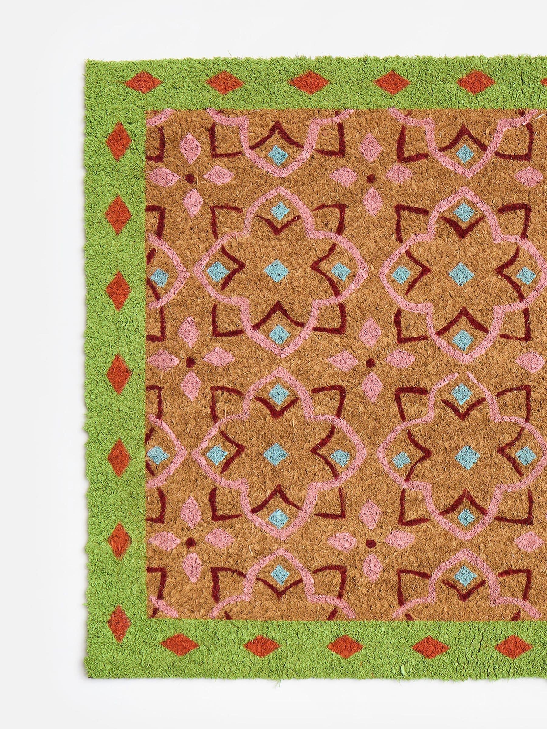 Oliver Bonas green tile bordered pink doormat 63x90cm - British product