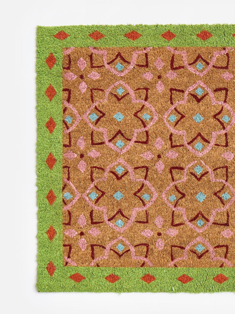 Oliver Bonas green tile bordered pink doormat 63x90cm - British product