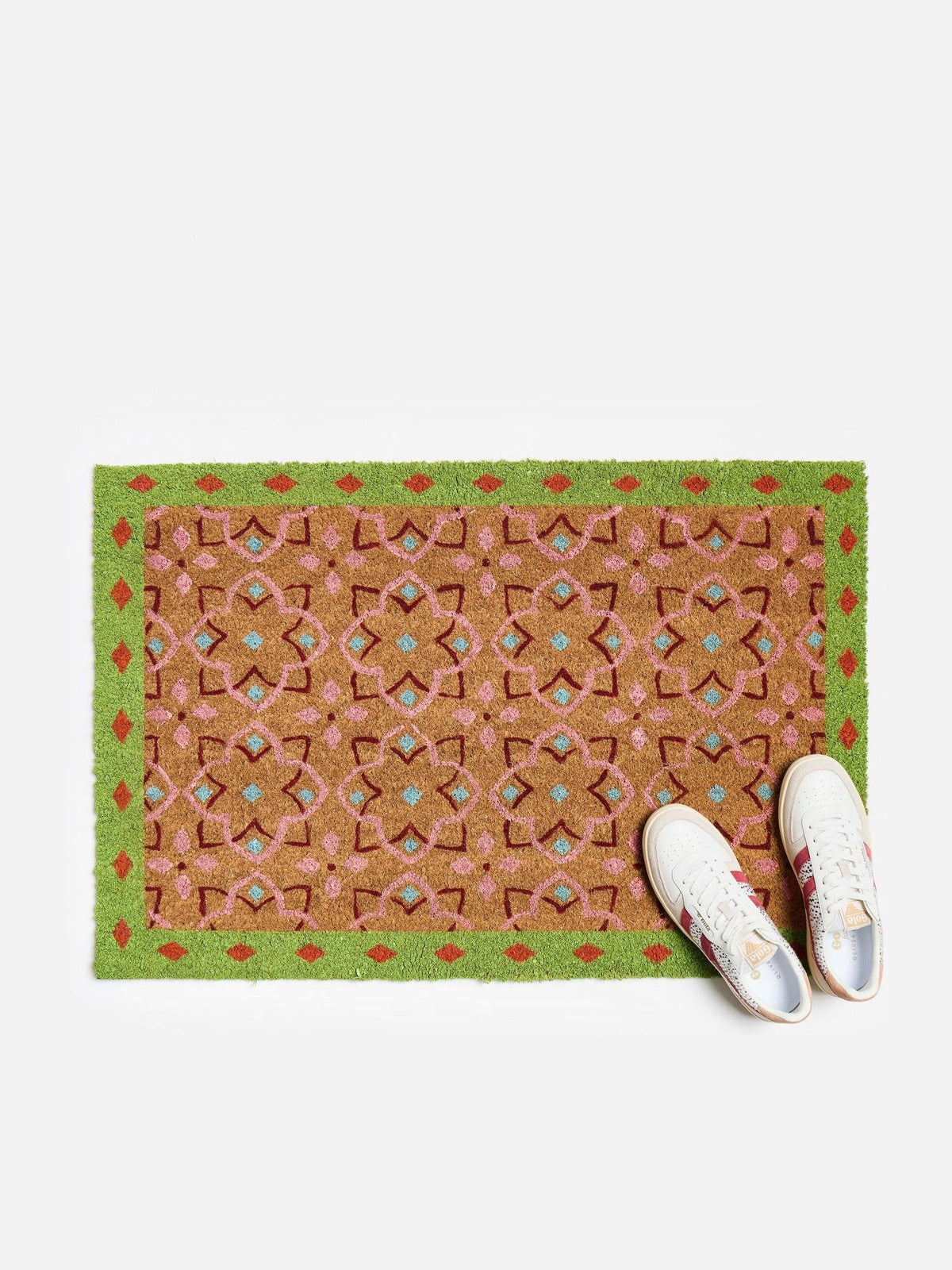 Oliver Bonas green tile bordered pink doormat 63x90cm - British product