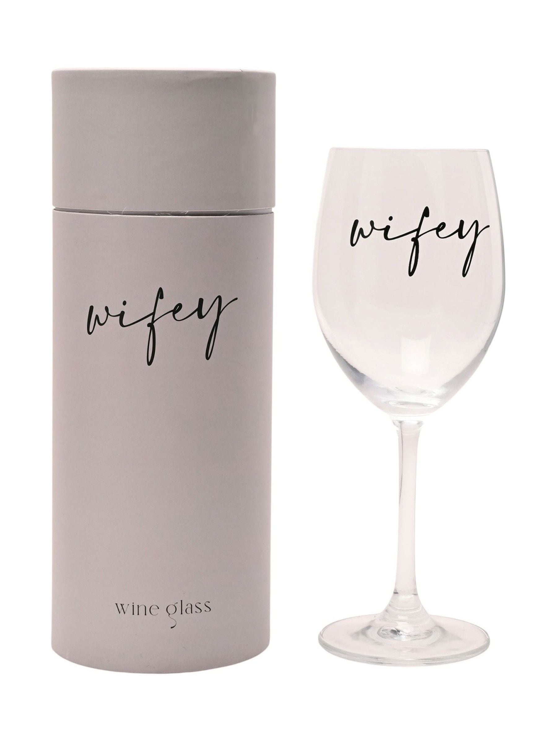 Widdop clear wine glass with black Wifey wording (British brand)