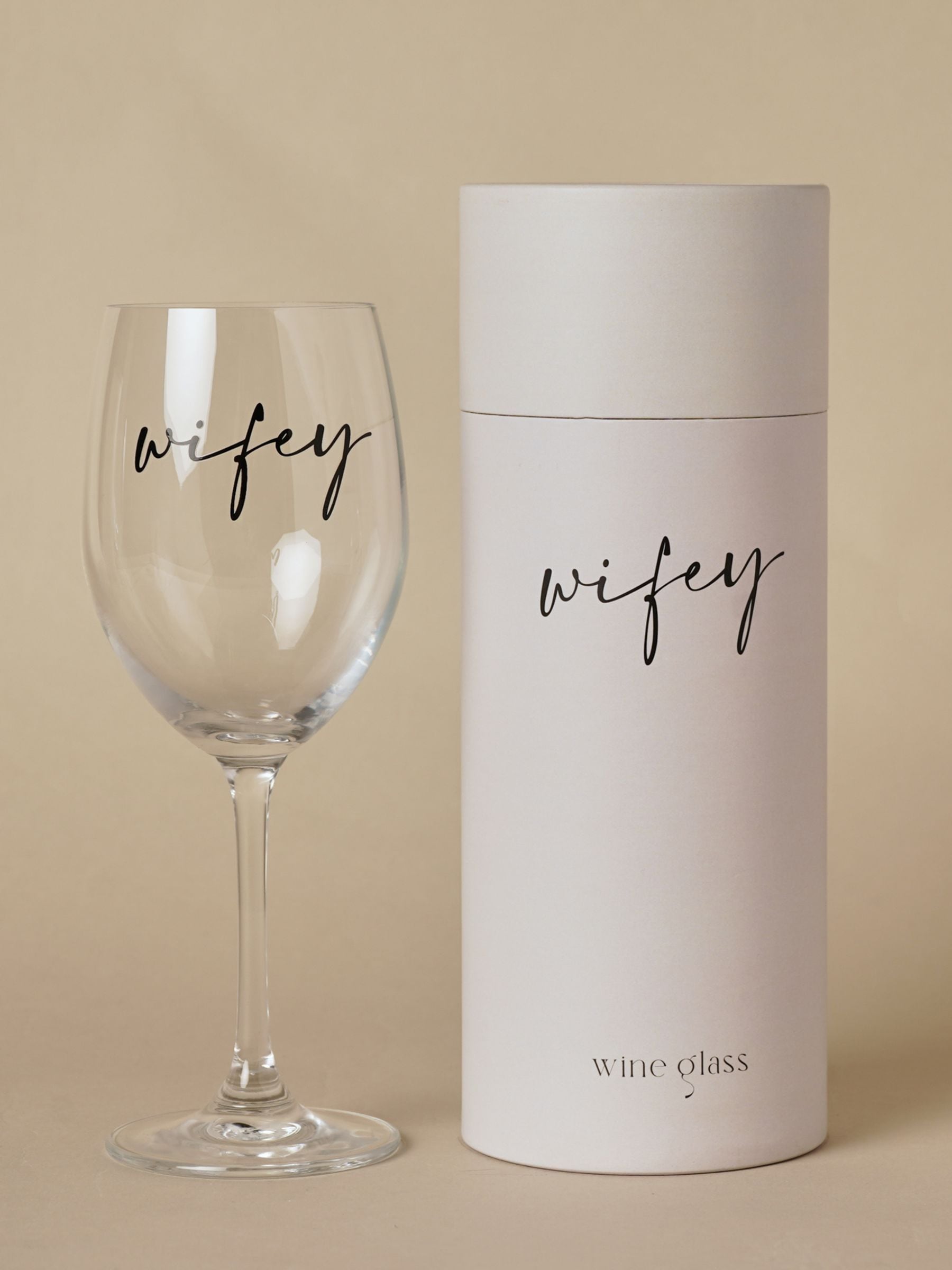 Widdop clear wine glass with black Wifey wording (British brand)