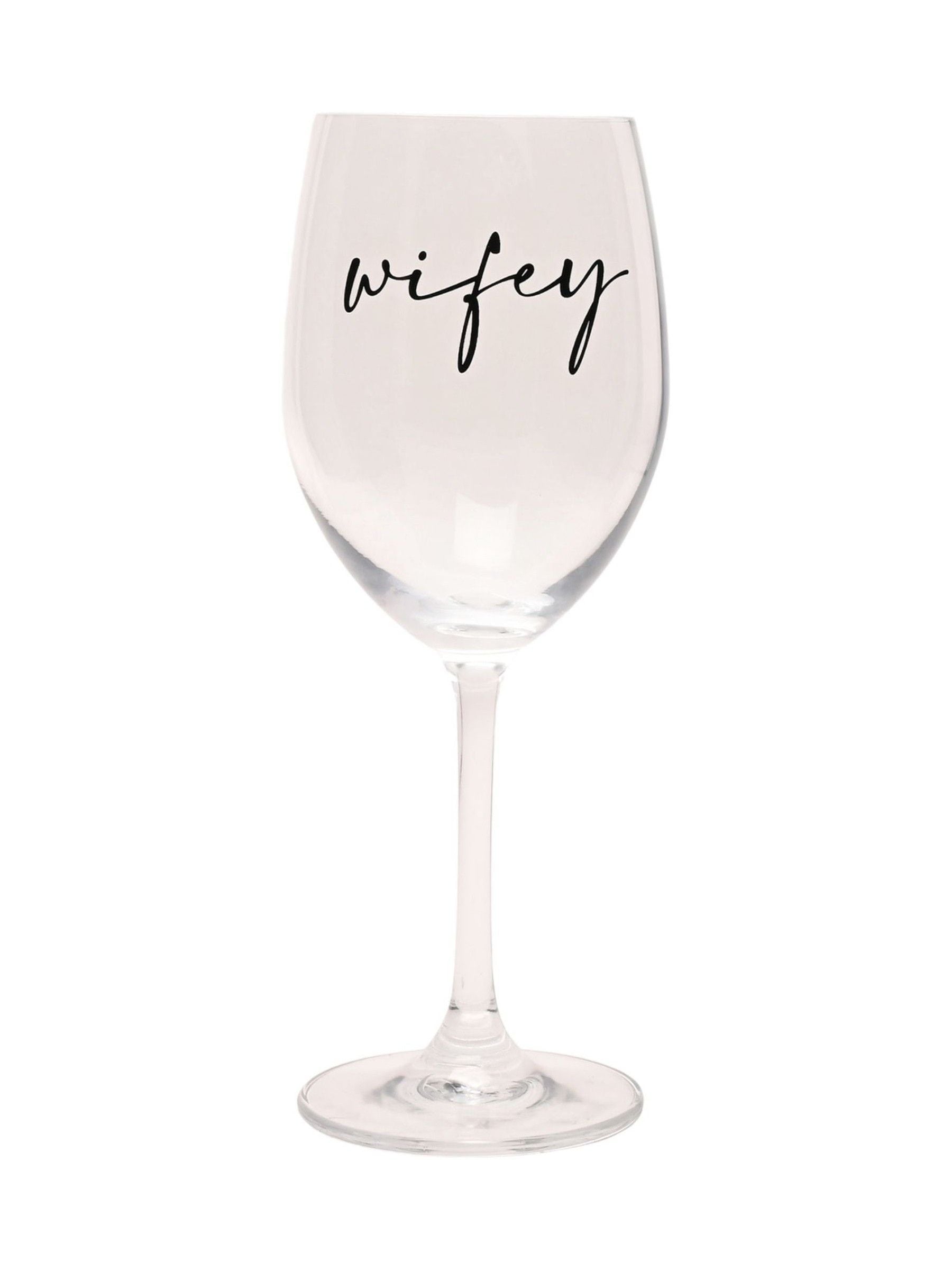 Widdop clear wine glass with black Wifey wording (British brand)