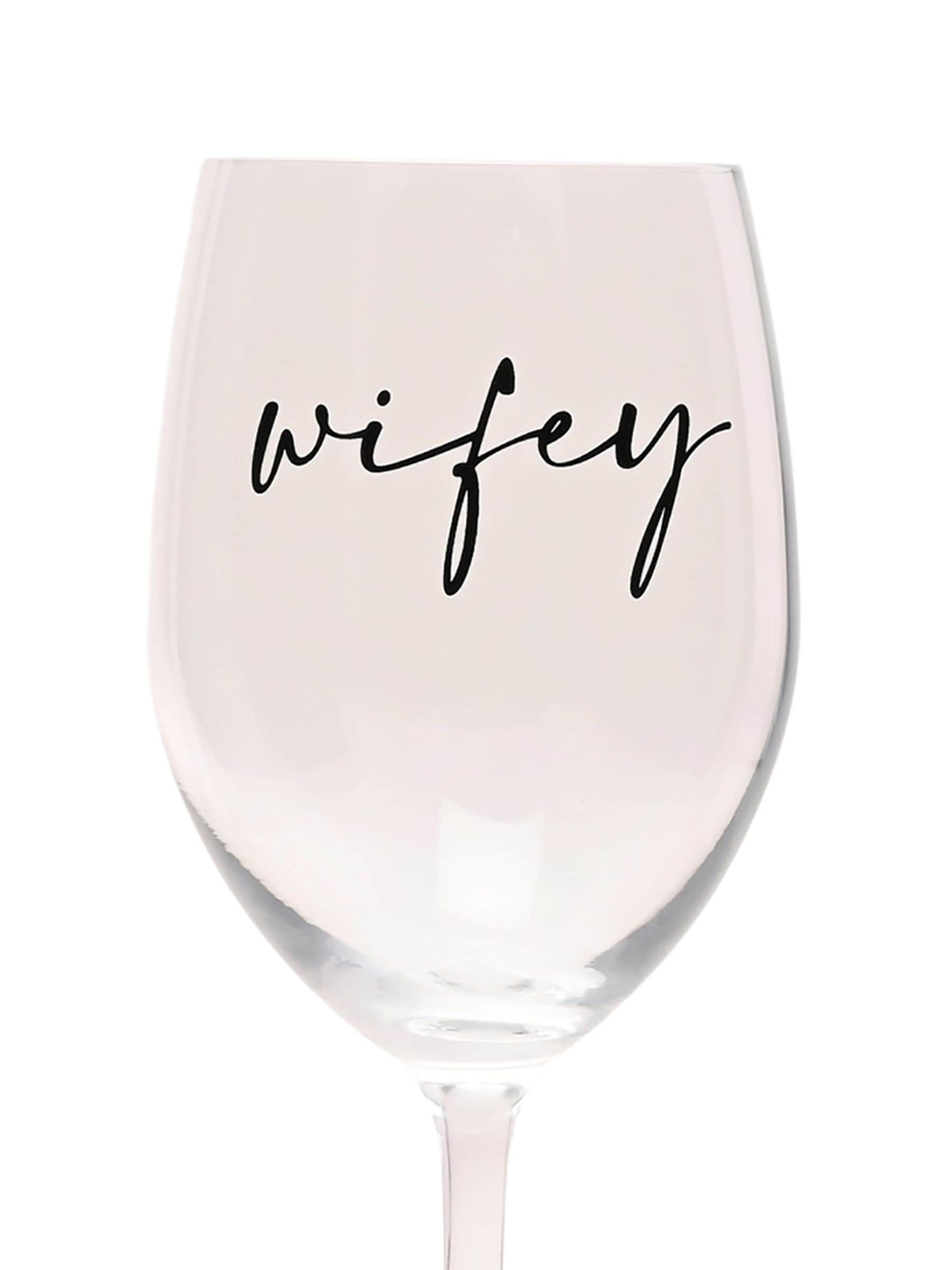 Widdop clear wine glass with black Wifey wording (British brand)