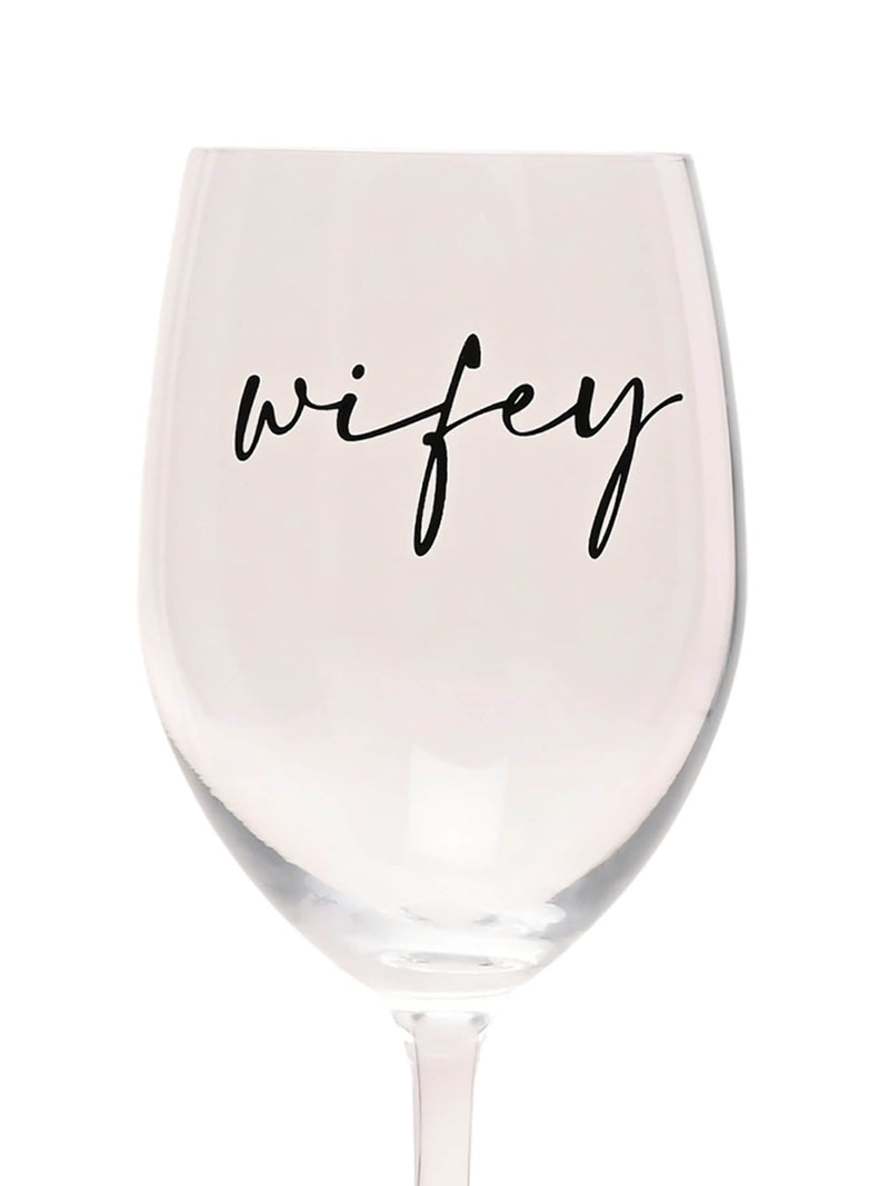 Widdop clear wine glass with black Wifey wording (British brand)