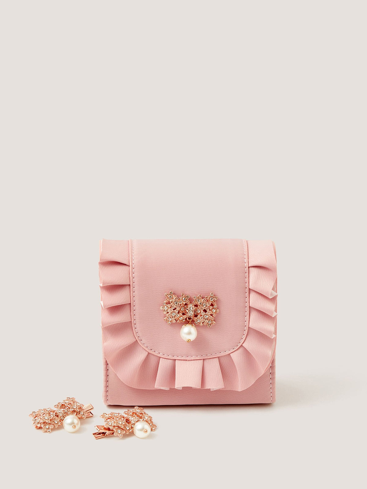 Monsoon pink flower pearl bag and hair clips set (British brand)