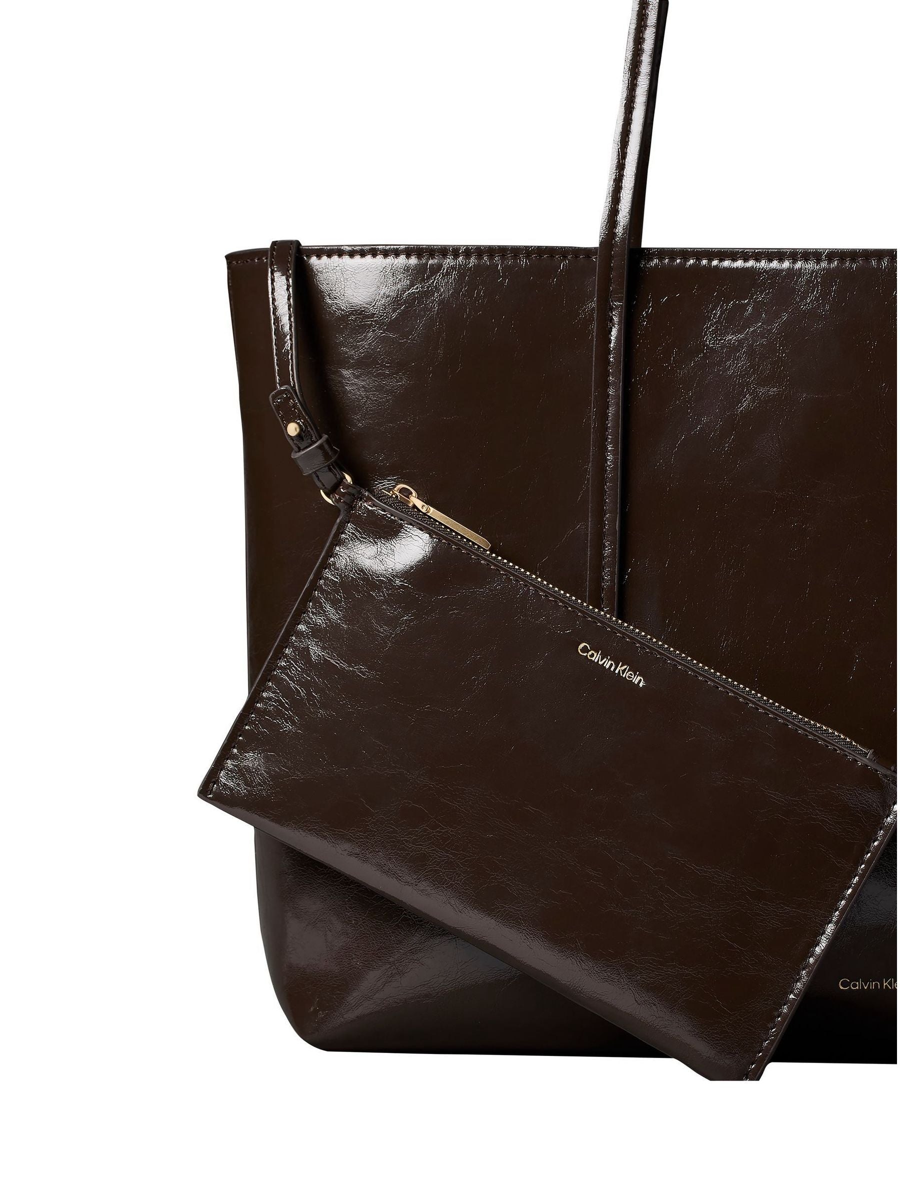 Calvin Klein brown glossy foil logo tote bag, imported from the UK