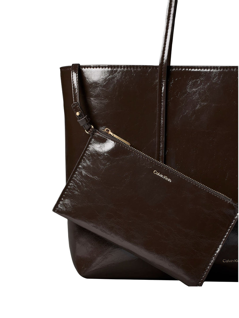 Calvin Klein brown glossy foil logo tote bag, imported from the UK