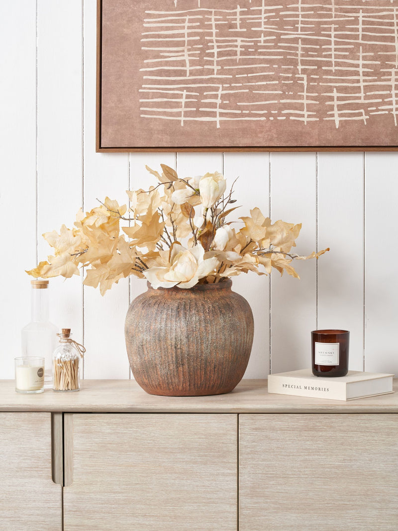 Pacific brown fibrestone decorative vase vertical ribbed 24cm (British brand)