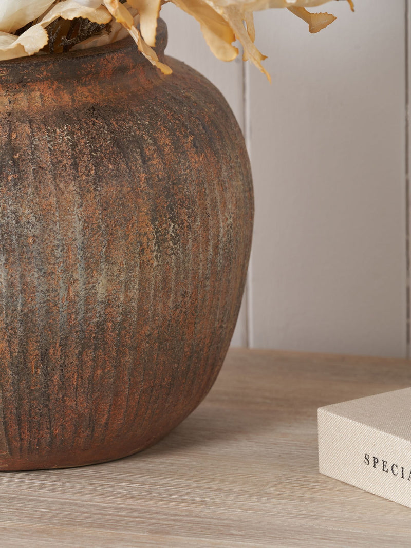 Pacific brown fibrestone decorative vase vertical ribbed 24cm (British brand)