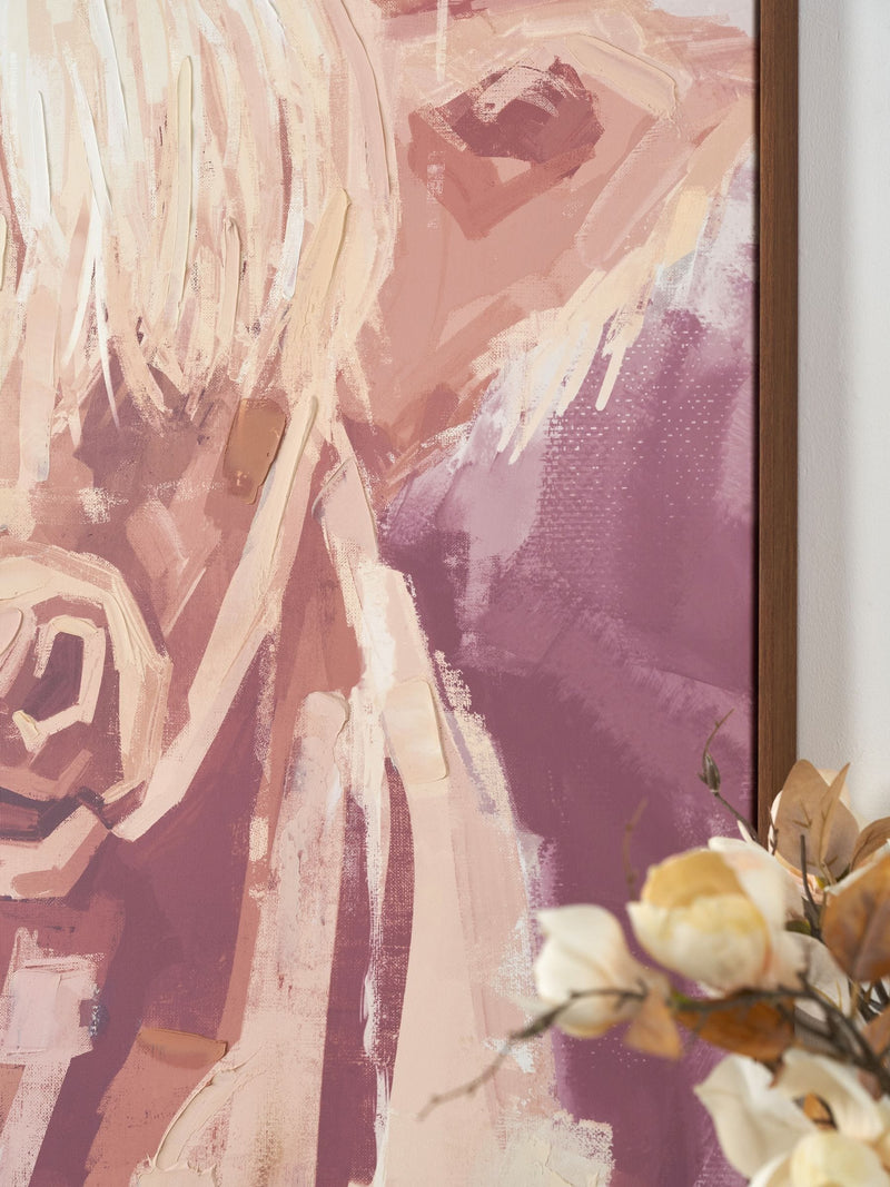 Pacific Highland cow canvas wall art with oak-effect frame, UK version
