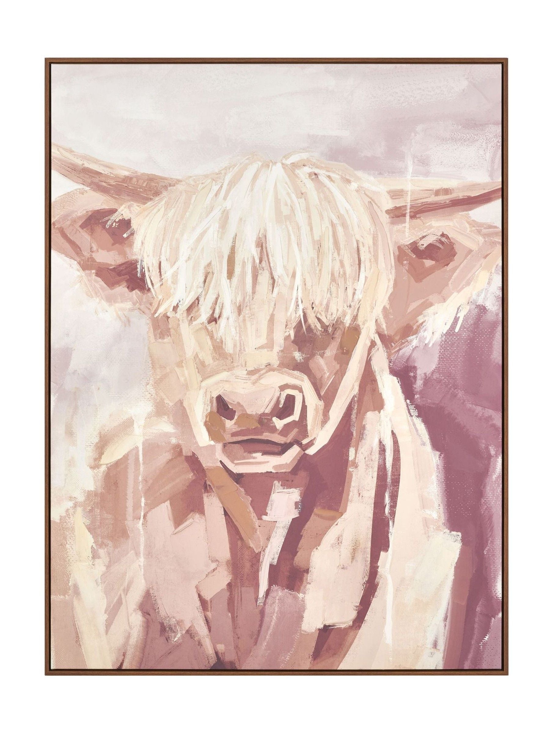 Pacific Highland cow canvas wall art with oak-effect frame, UK version