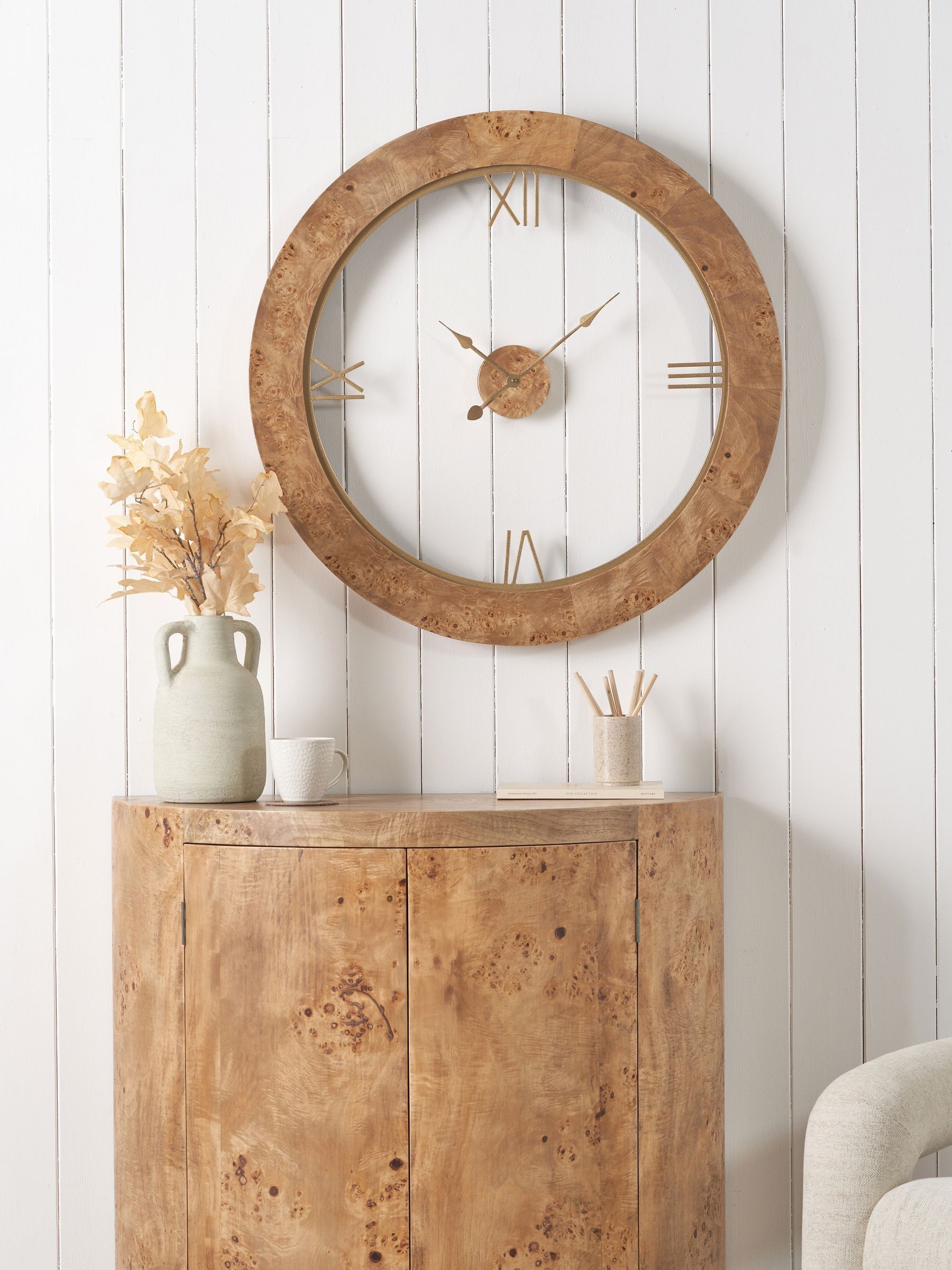 Pacific Natural Newborough burr wood effect wall clock (British brand)