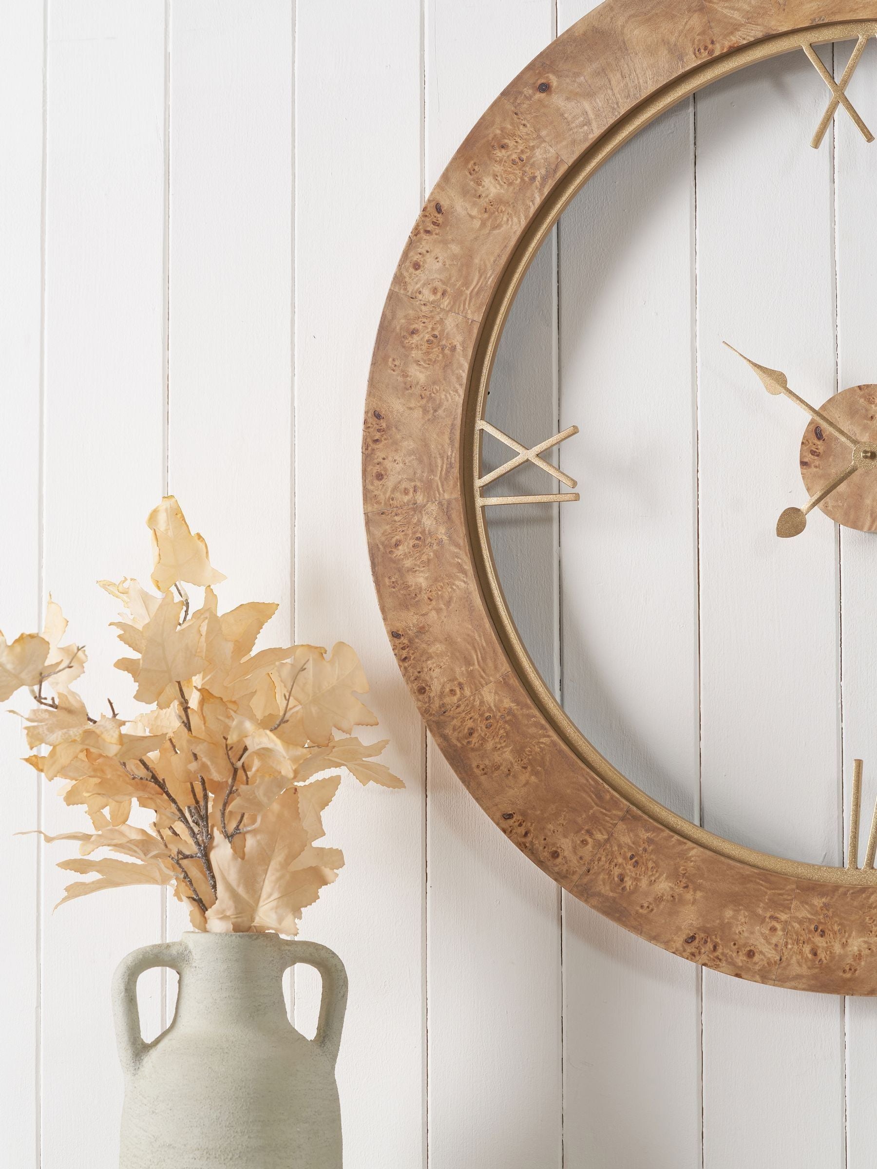 Pacific Natural Newborough burr wood effect wall clock (British brand)