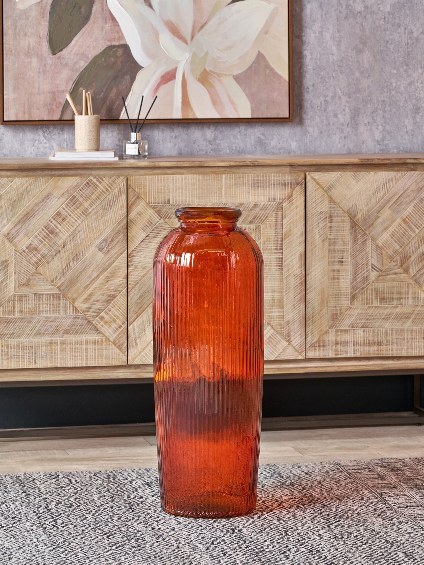 Pacific orange glass ribbed vase tall handcrafted in Spain (British brand)