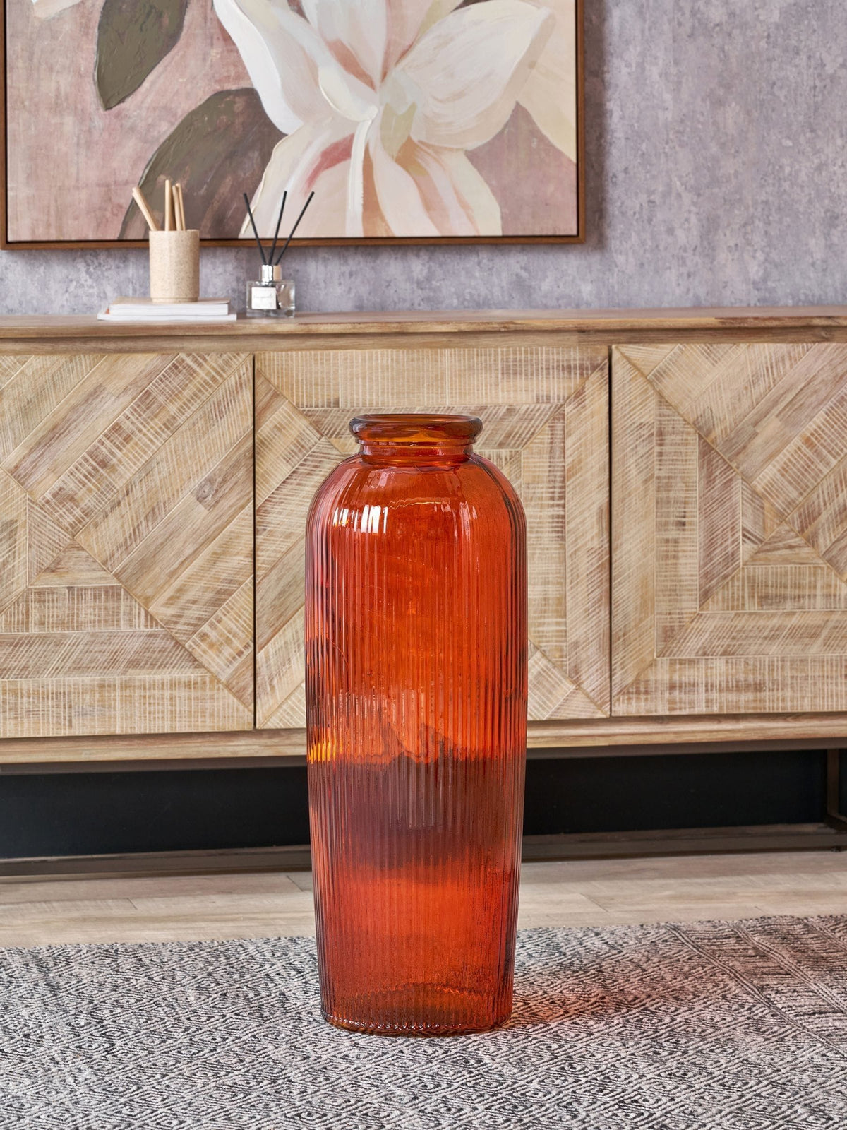 Pacific orange glass ribbed vase tall handcrafted in Spain (British brand)