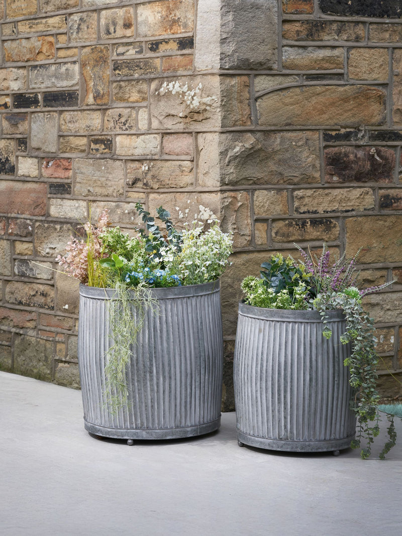 Pacific Grey galvanised zinc barrel planters set of two (British brand)
