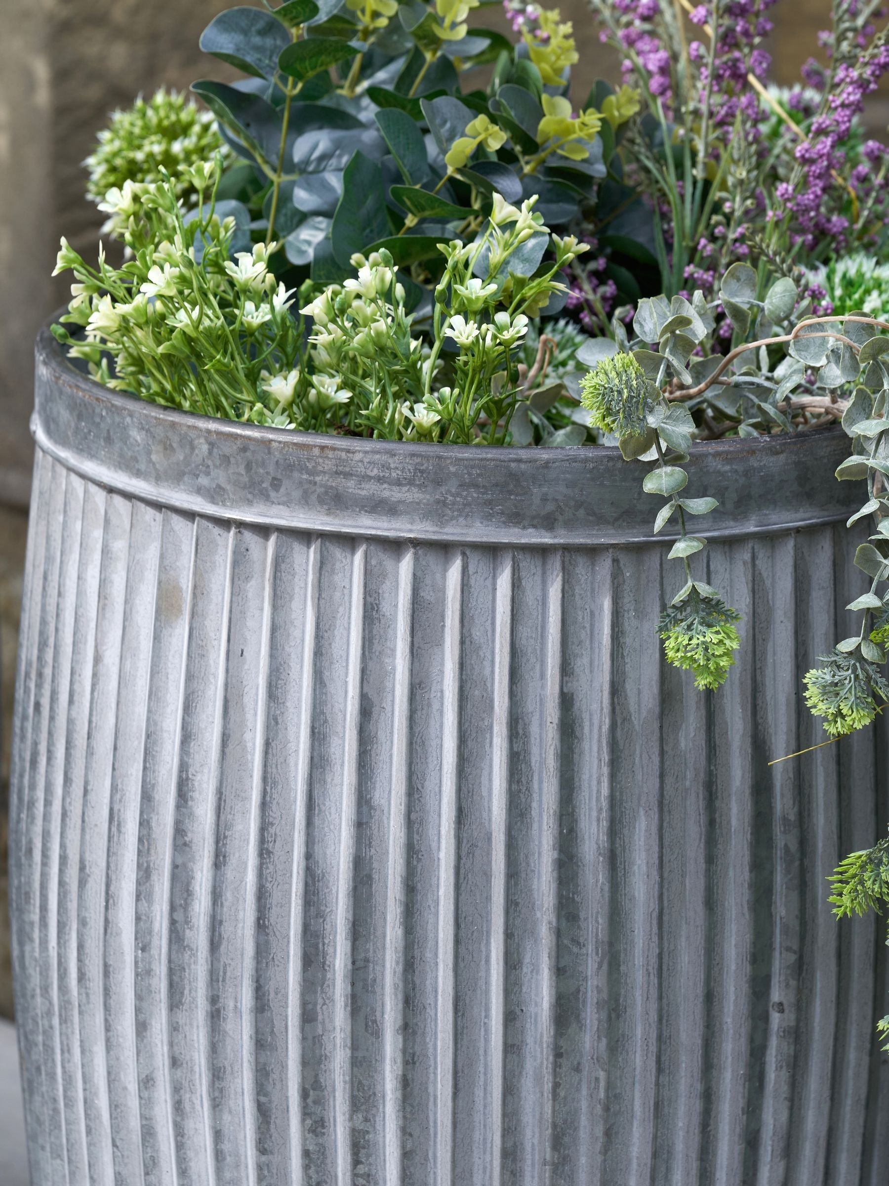 Pacific Grey galvanised zinc barrel planters set of two (British brand)