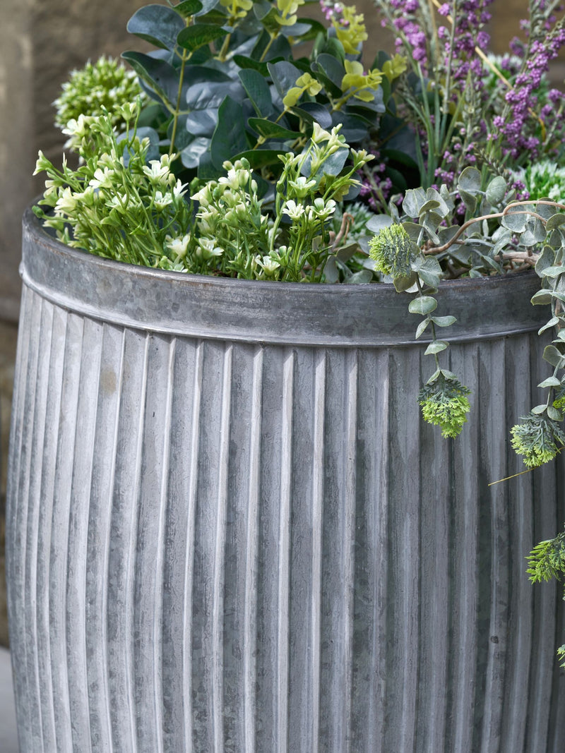 Pacific Grey galvanised zinc barrel planters set of two (British brand)