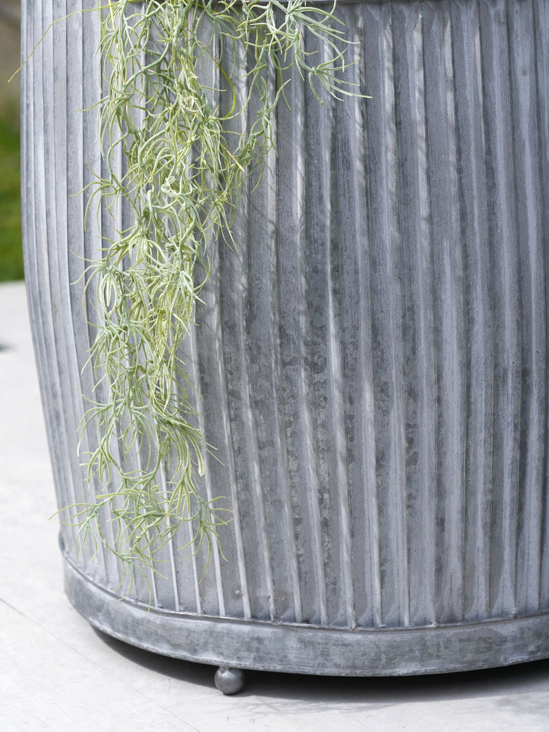 Pacific Grey galvanised zinc barrel planters set of two (British brand)