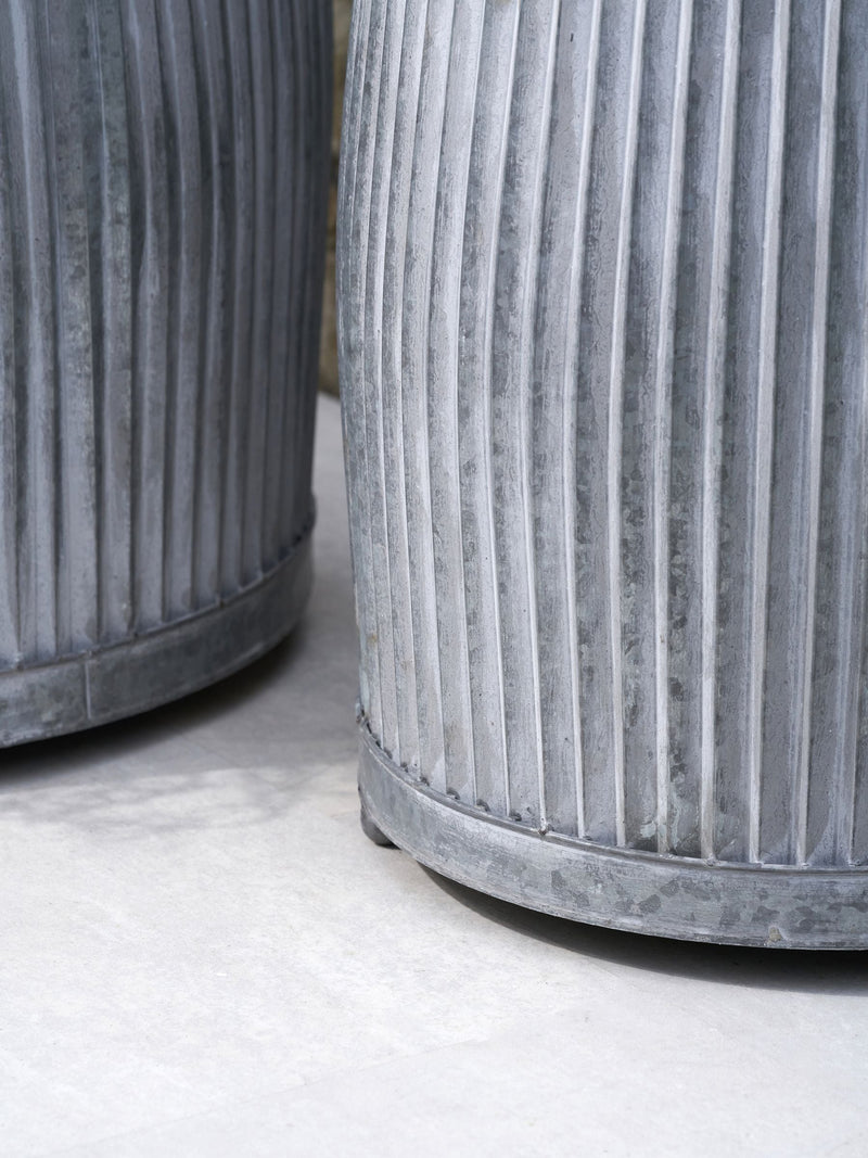 Pacific Grey galvanised zinc barrel planters set of two (British brand)
