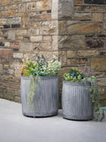 Pacific Grey galvanised zinc barrel planters set of two (British brand)