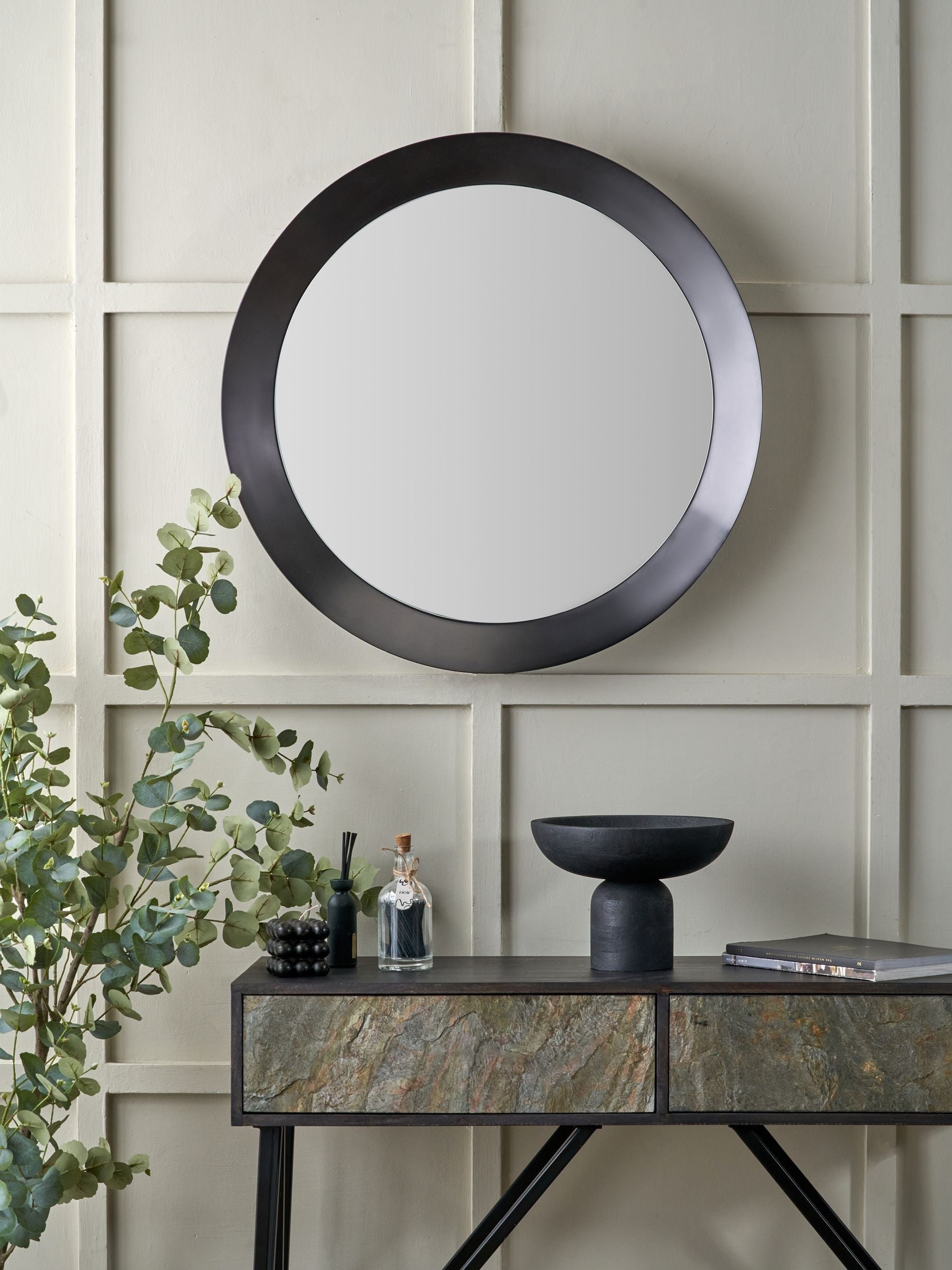 Pacific graphite metal frame round mirror 80cm, UK version