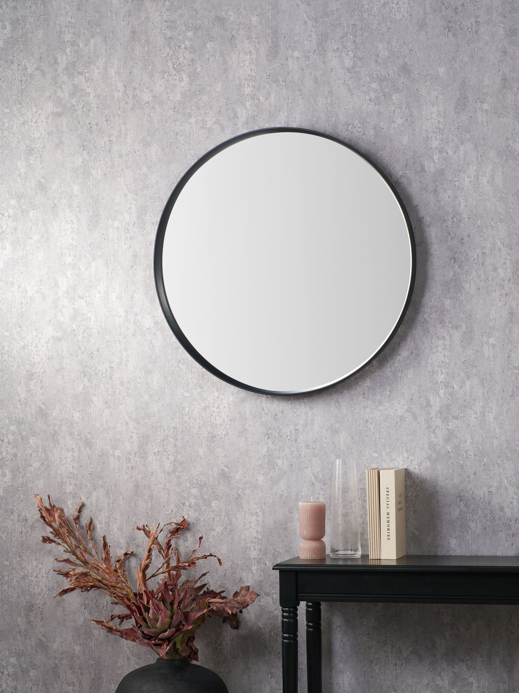 Pacific black wood veneer large round wall mirror, UK version