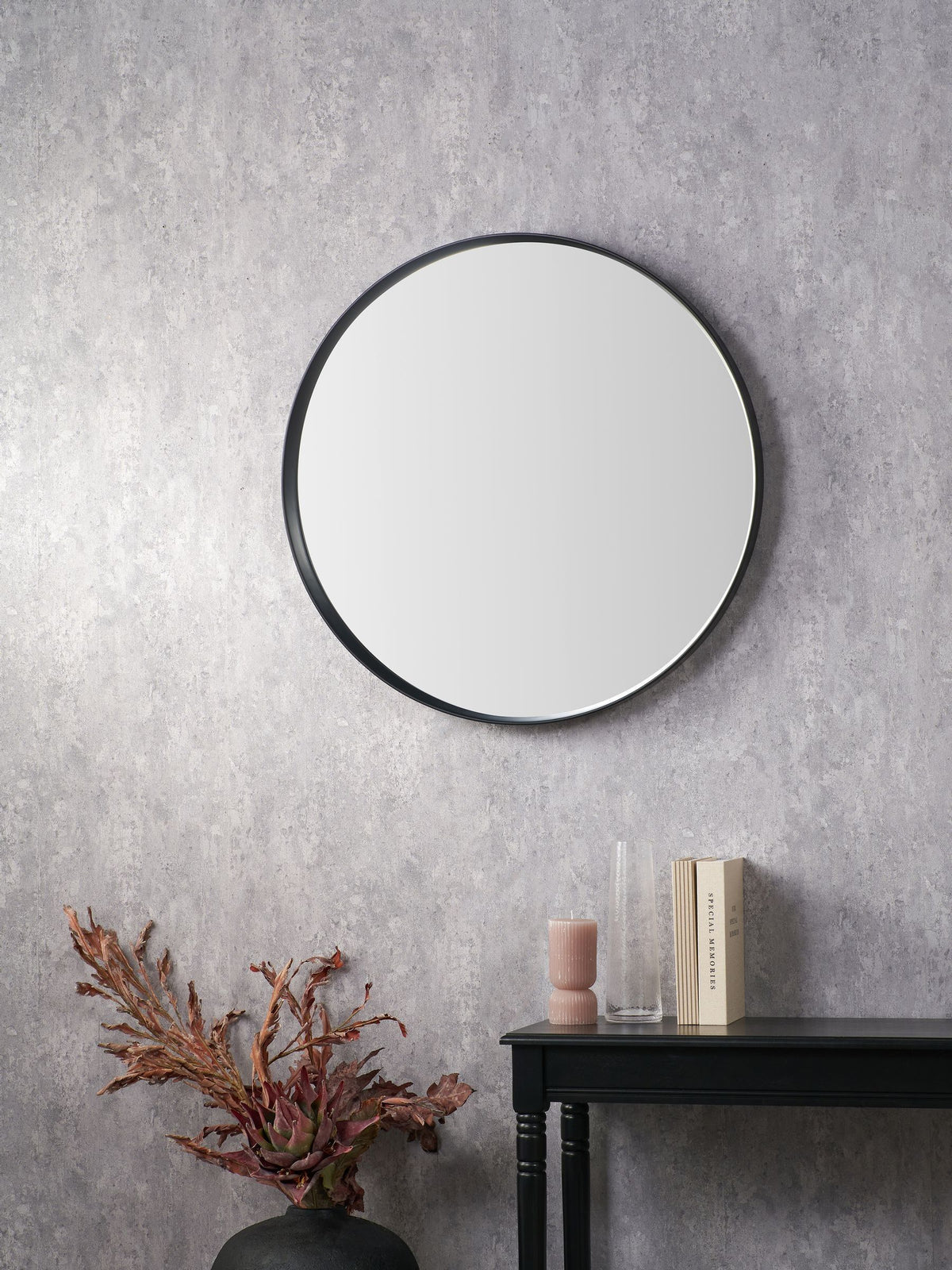 Pacific black wood veneer large round wall mirror, UK version