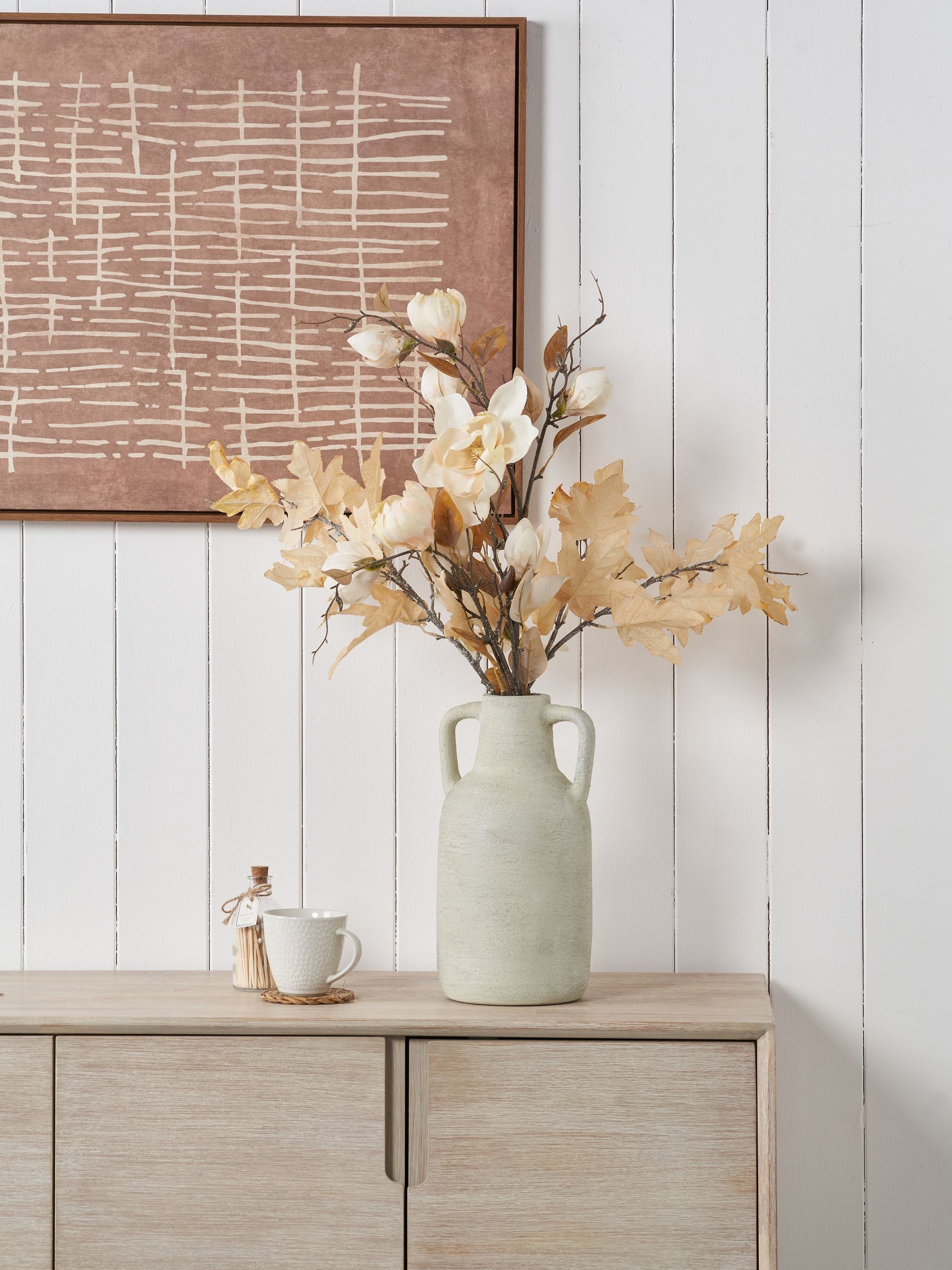 White terracotta decorative vase with handles large - British product