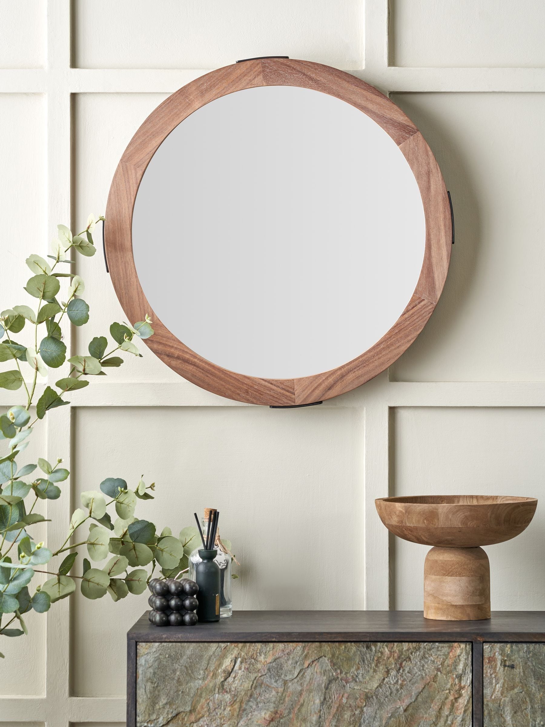 Pacific Brown Vermont round wood veneer wall mirror, UK version