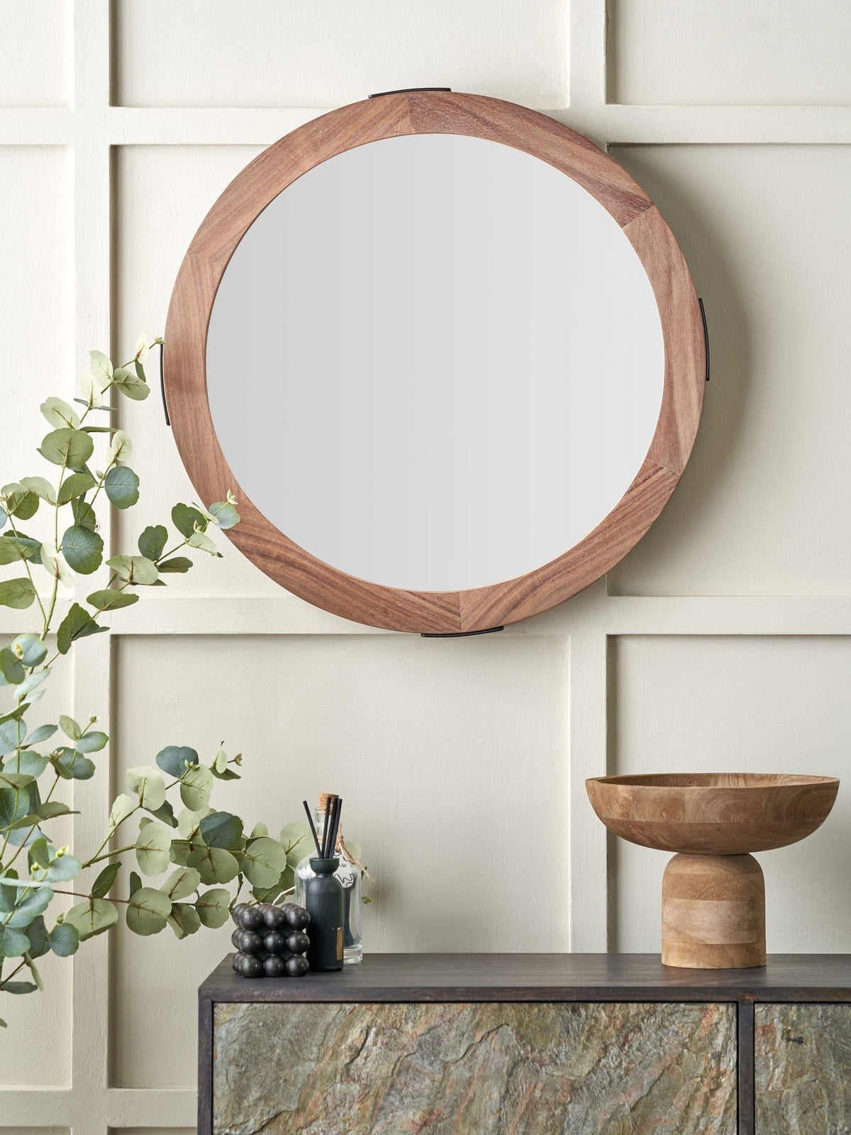 Pacific Brown Vermont round wood veneer wall mirror, UK version