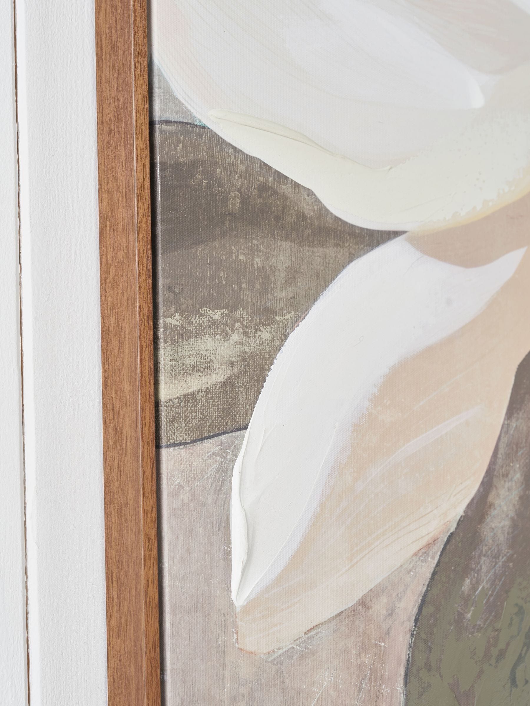 Floral canvas wall art white flowers muted background oak frame (British brand)